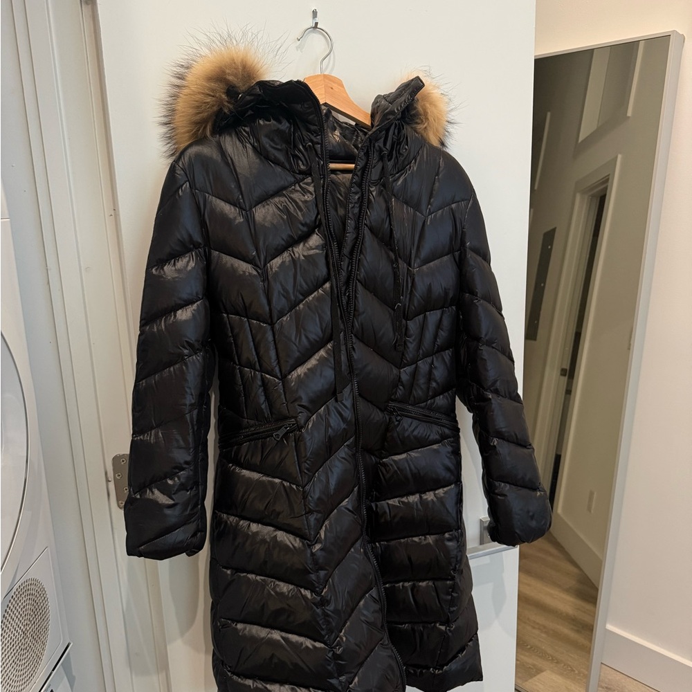 Moncler Black Puffer Coat with Fur Trim